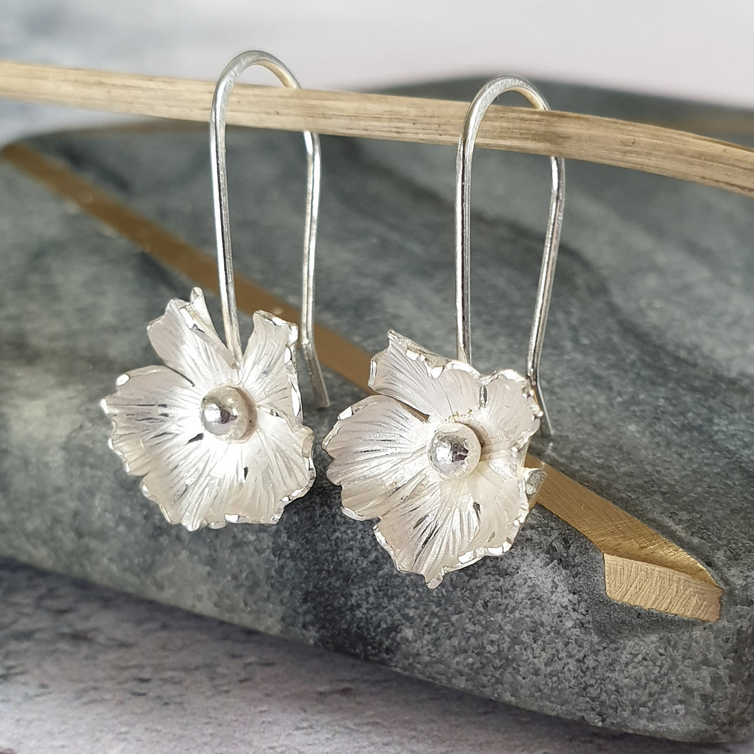 Handmade Flower Silver Drop Earrings