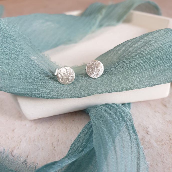 Textured Silver Disc Stud Earrings