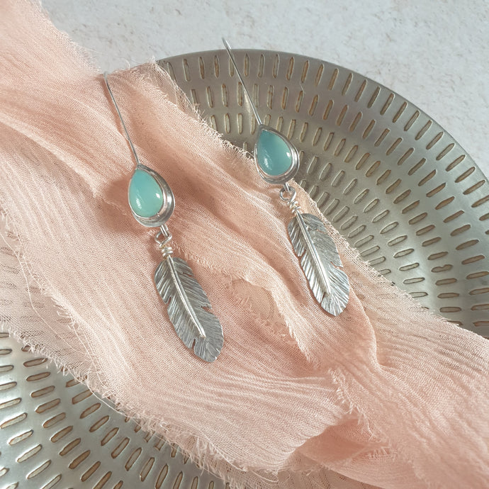 Blue Chalcedony Feather Long Drop Earrings