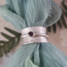 Heavy Textured Garnet Set Silver Spinner Ring
