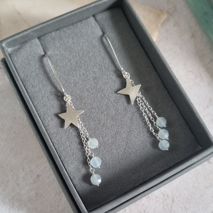 Aquamarine Star Drop Silver Earrings